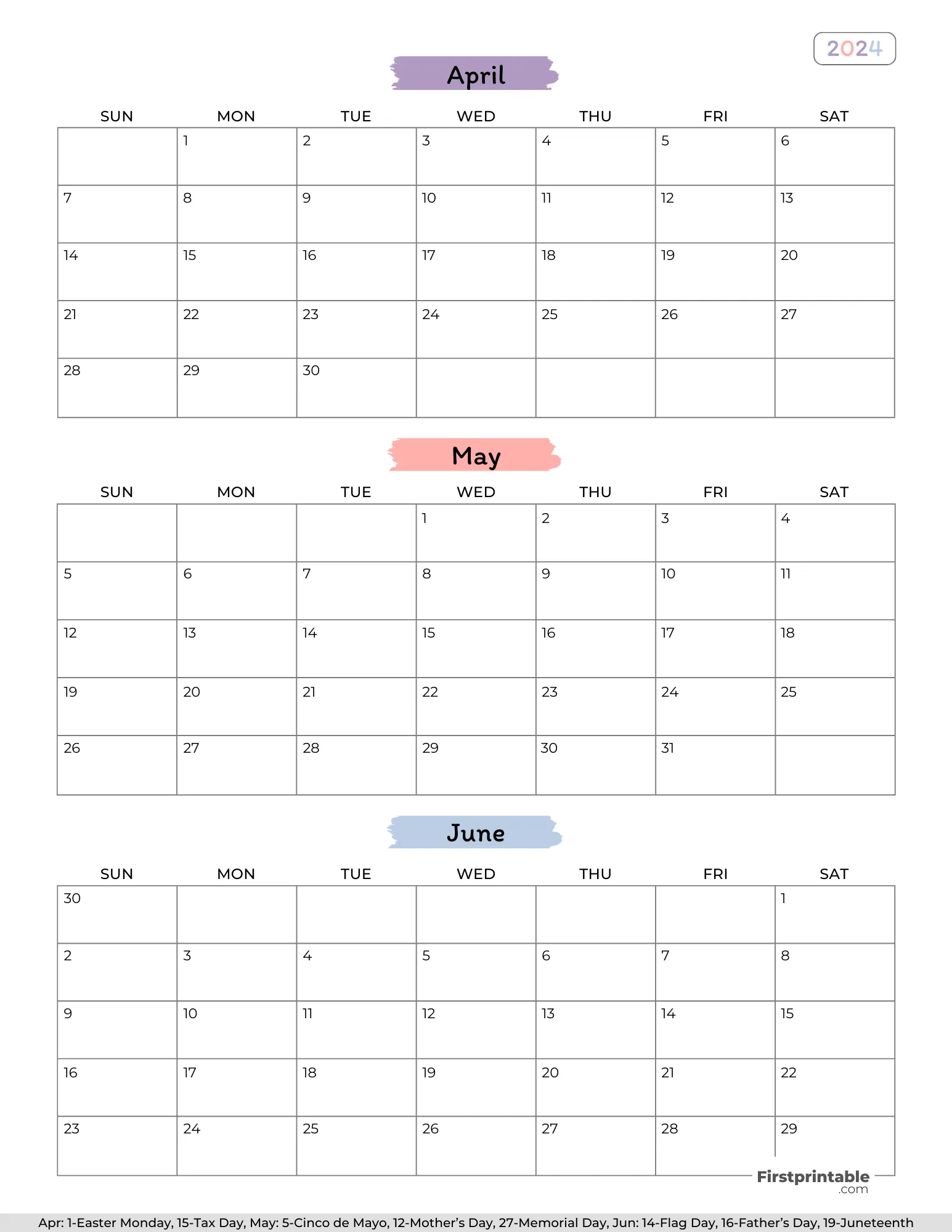 Three month Printable Calendar with holidays 2024 Q2 - Template 05