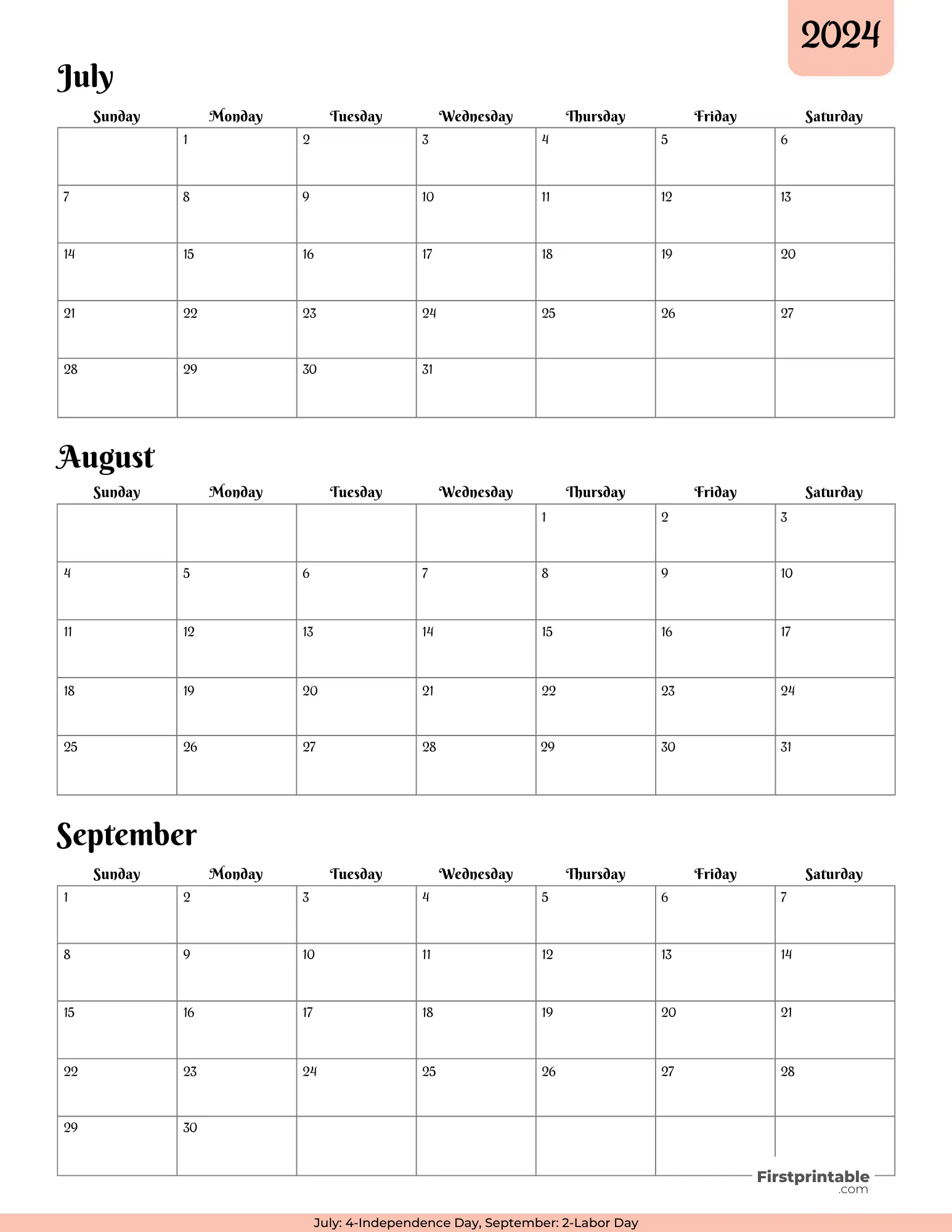 Three month Printable Calendar with holidays 2024 Q3 - Template 03