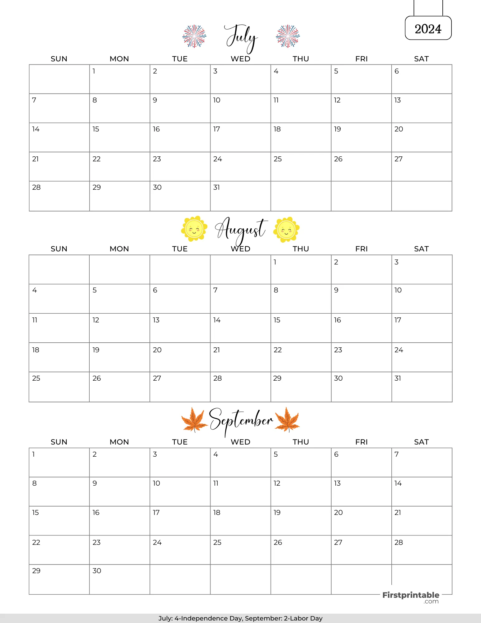 Three month Printable Calendar with holidays 2024 Q3- Template 04