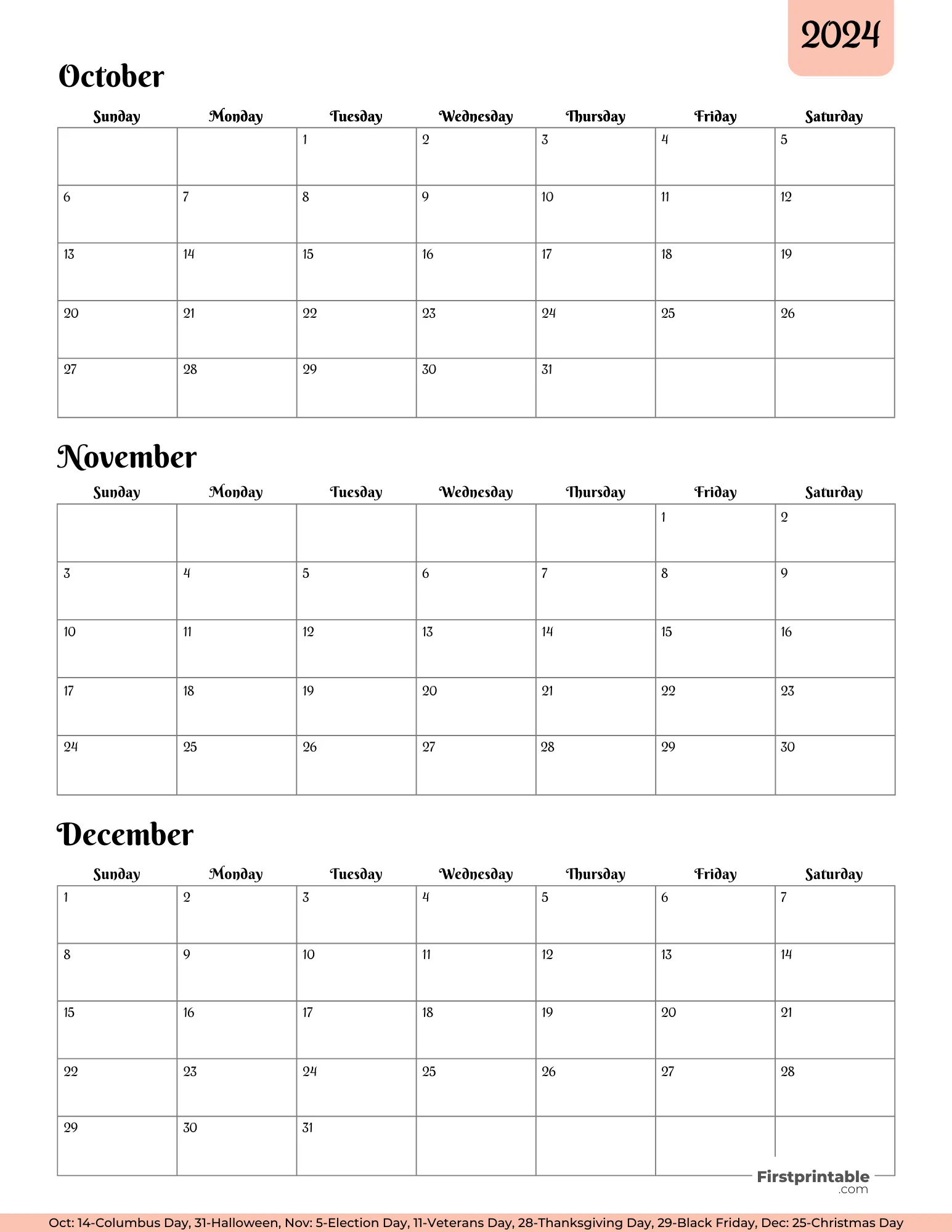 Three month Printable Calendar with holidays 2024 Q4 - Template 03