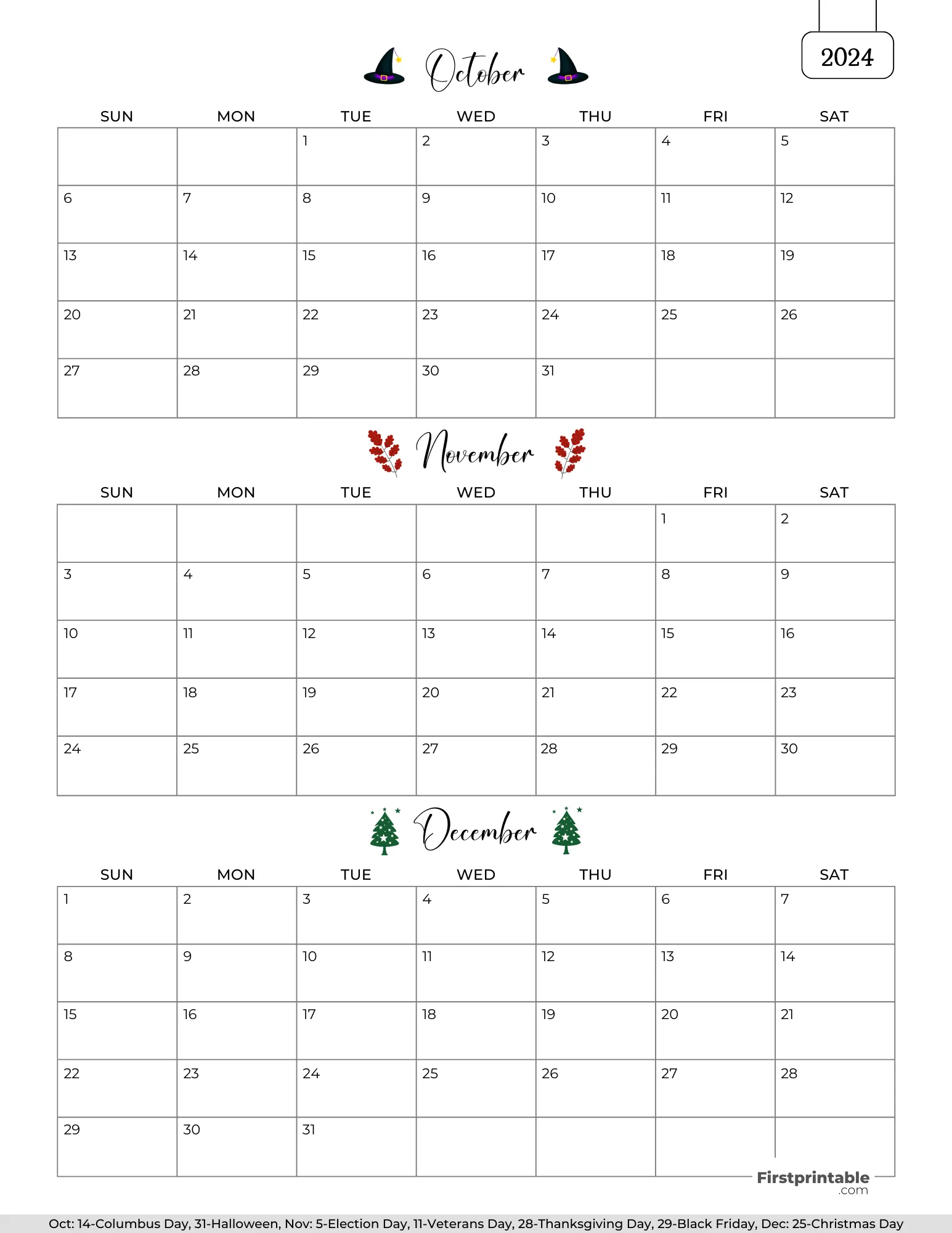 Three month Printable Calendar with holidays 2024 Q4 - Template 04