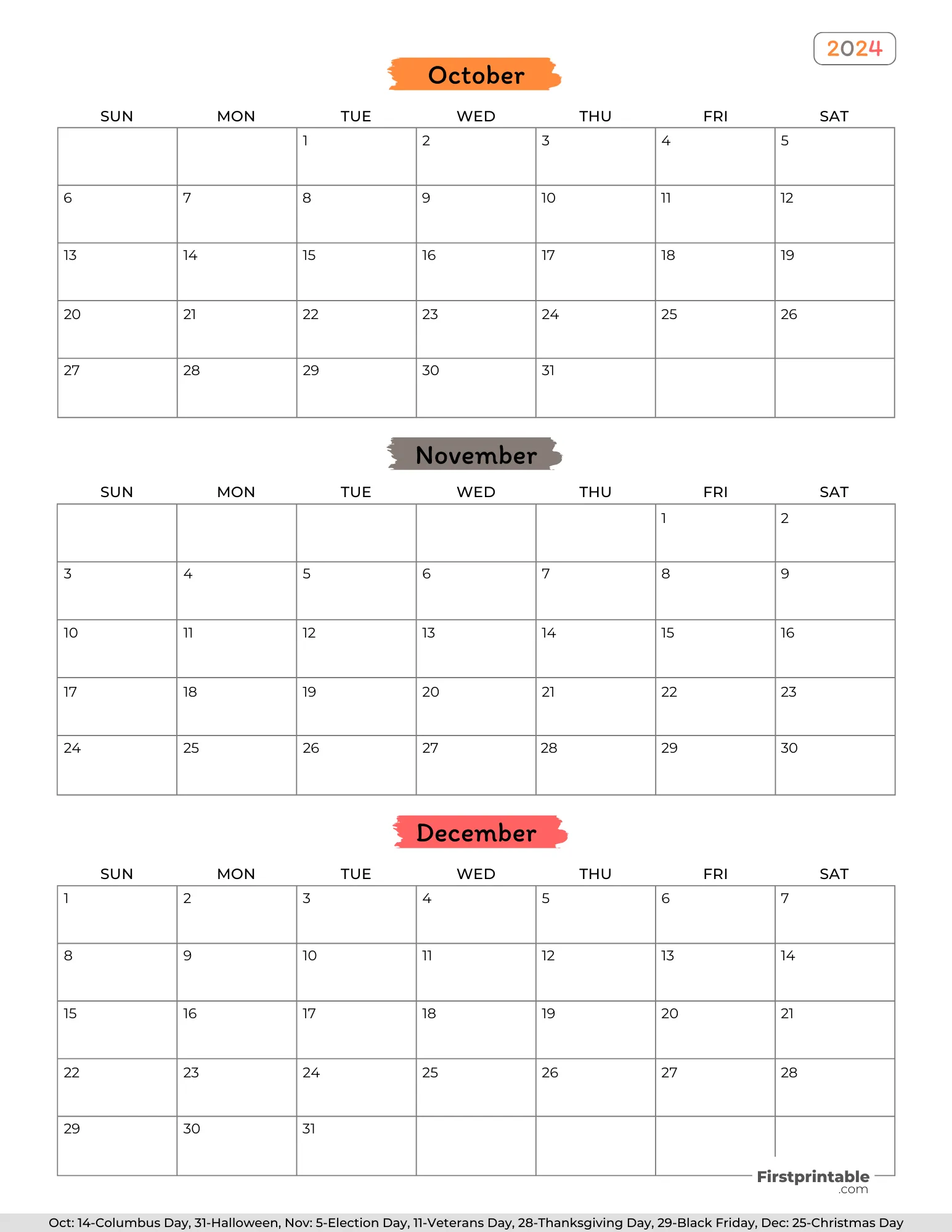 Three month Printable Calendar with holidays 2024 Q4 - Template 05