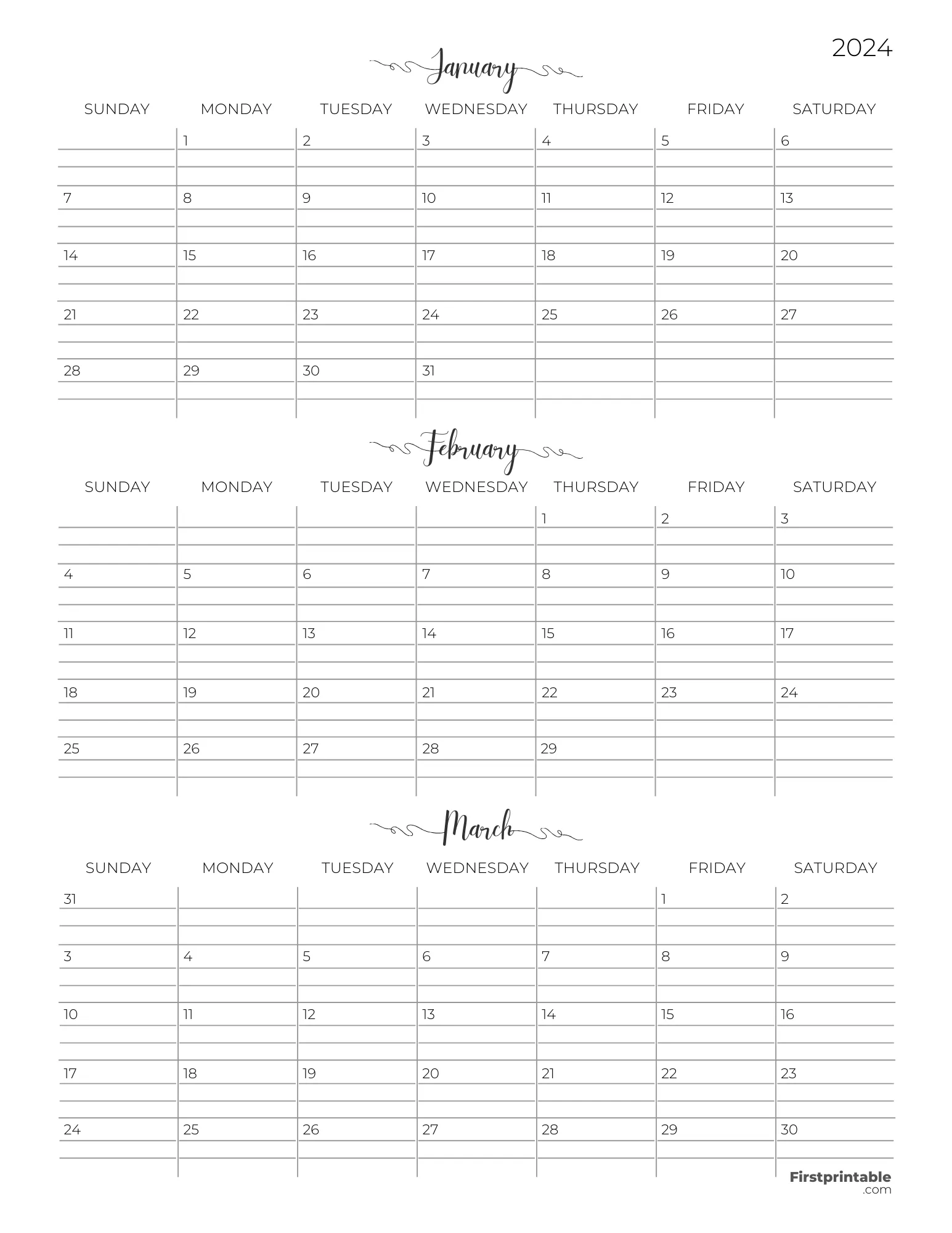 Three month Printable Calendar with lines 2024 Q1 - Template 07