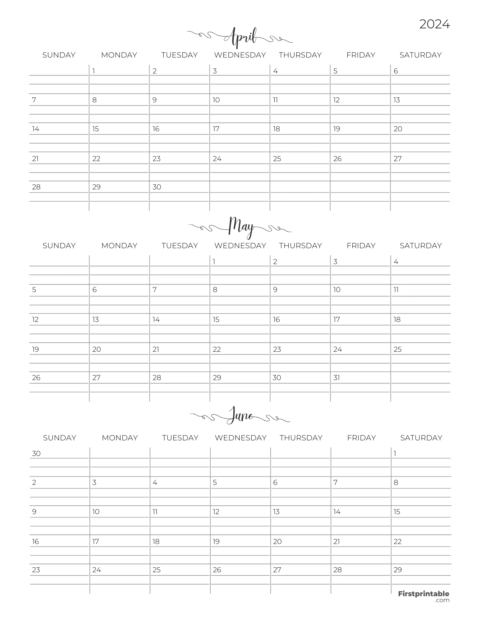 Three month Printable Calendar with lines 2024 Q2 - Template 07