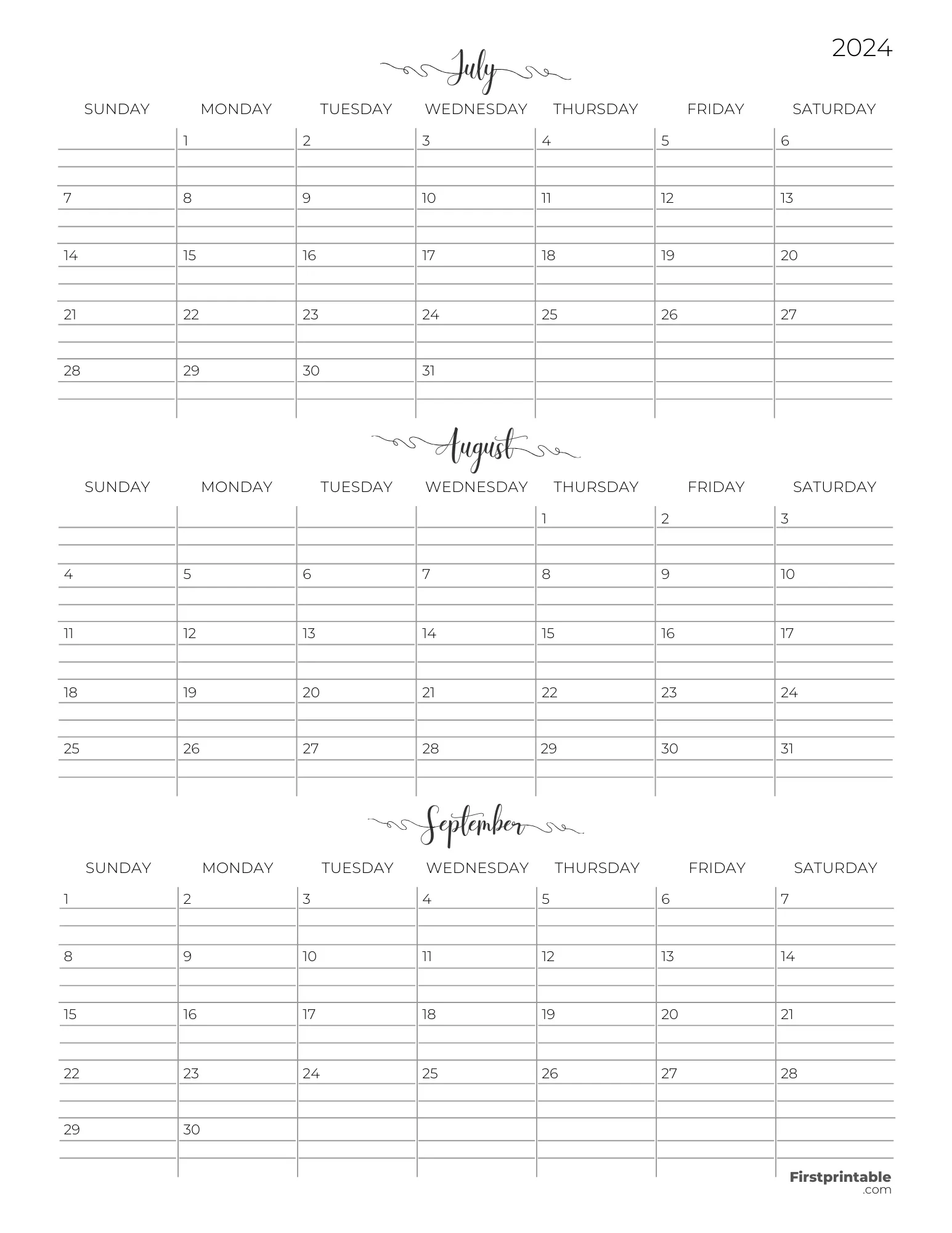 Three month Printable Calendar with lines 2024 Q3 - Template 07