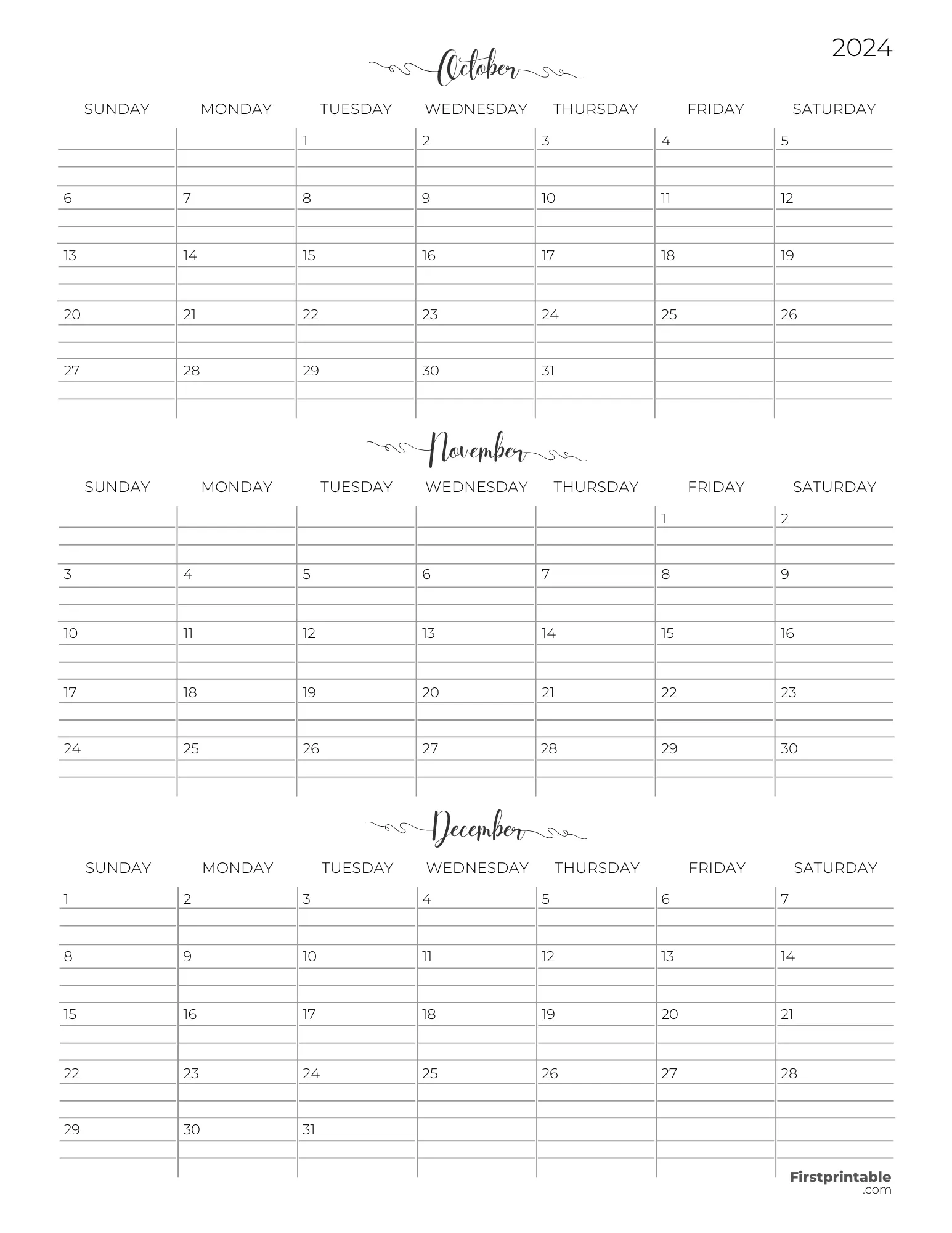 Three month Printable Calendar with lines 2024 Q4 - Template 07