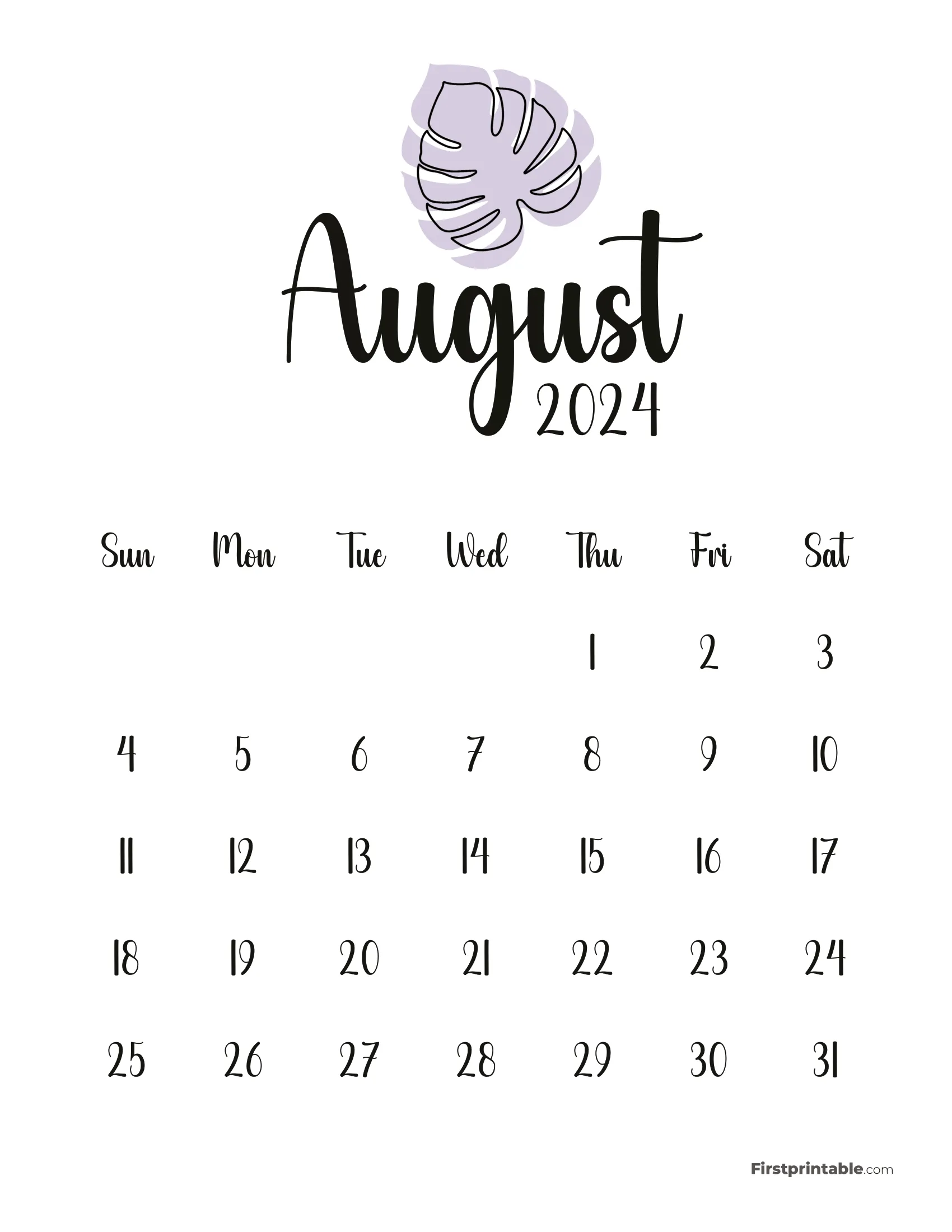 August Cute Monstera Monthly Calendar 2024