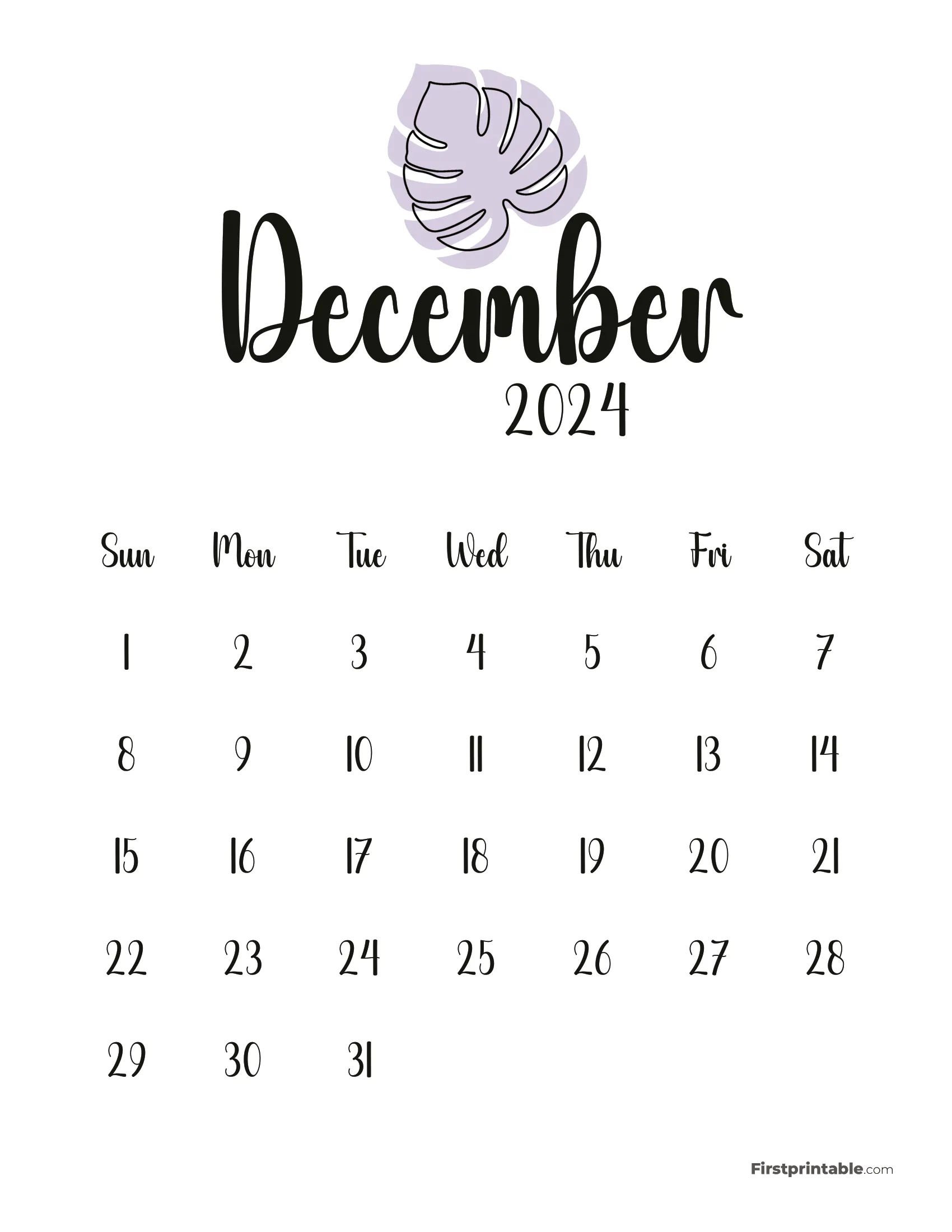 December Cute Monstera Monthly Calendar 2024