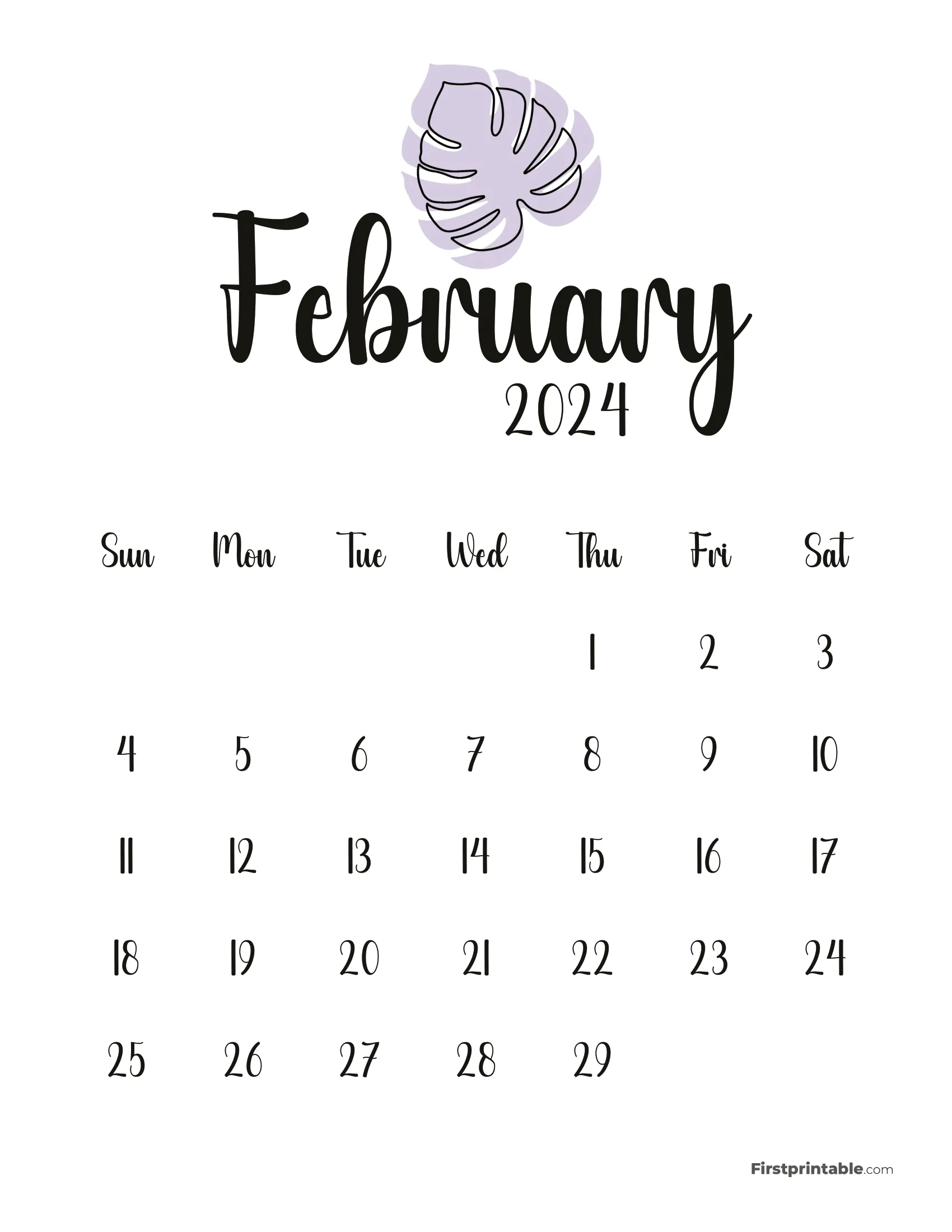 February Cute Monstera Monthly Calendar 2024