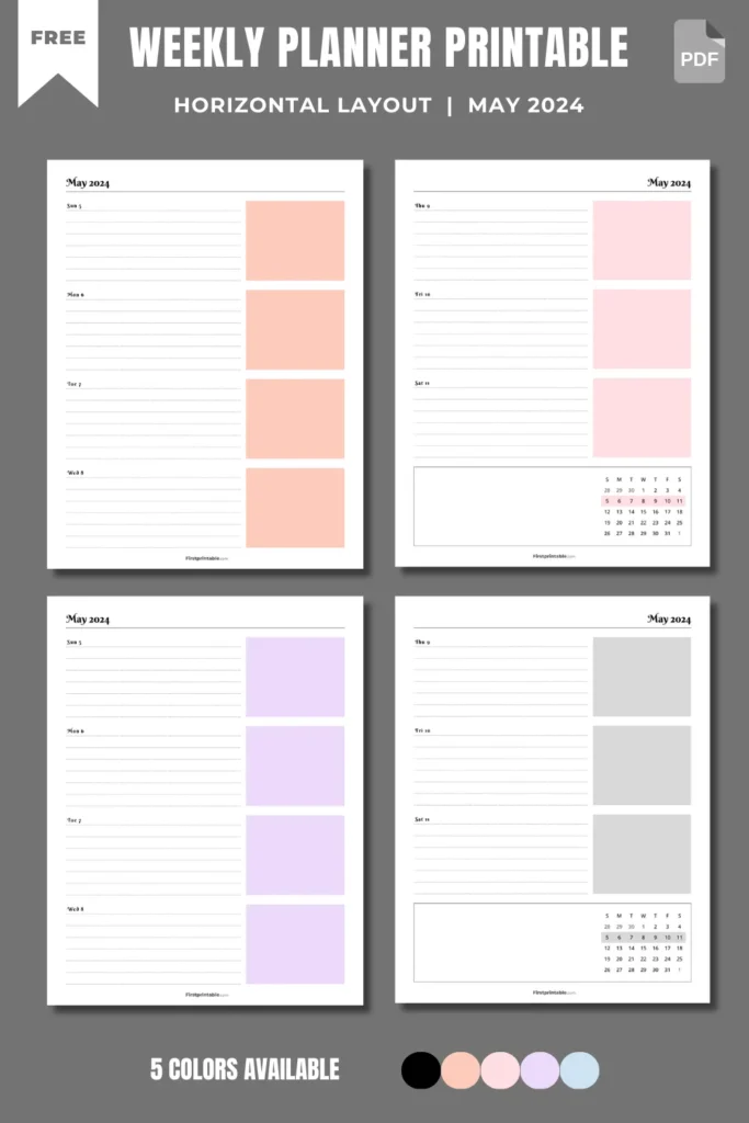 Printable Horizontal Weekly Planner Pages – May 2024