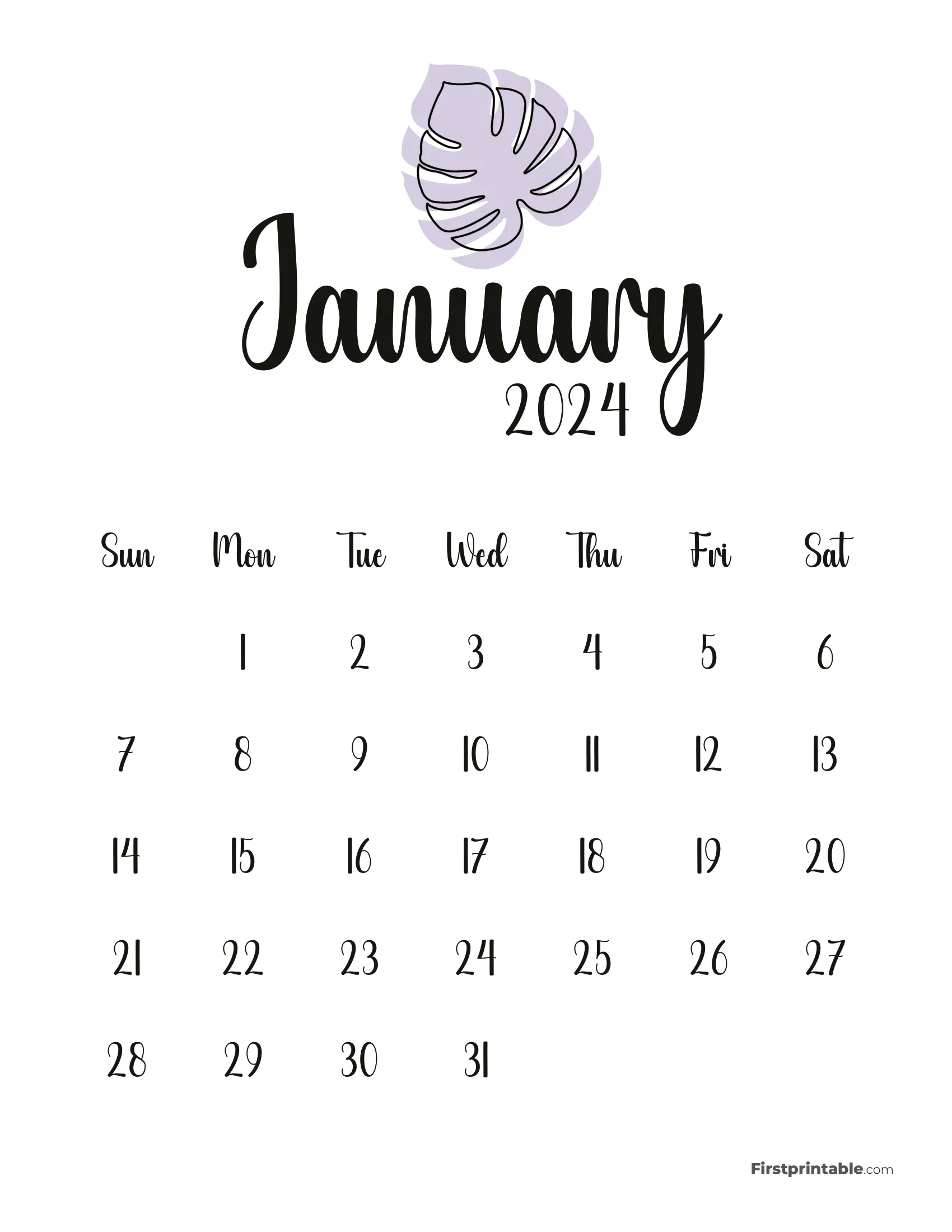 January Cute Monstera Monthly Calendar 2024