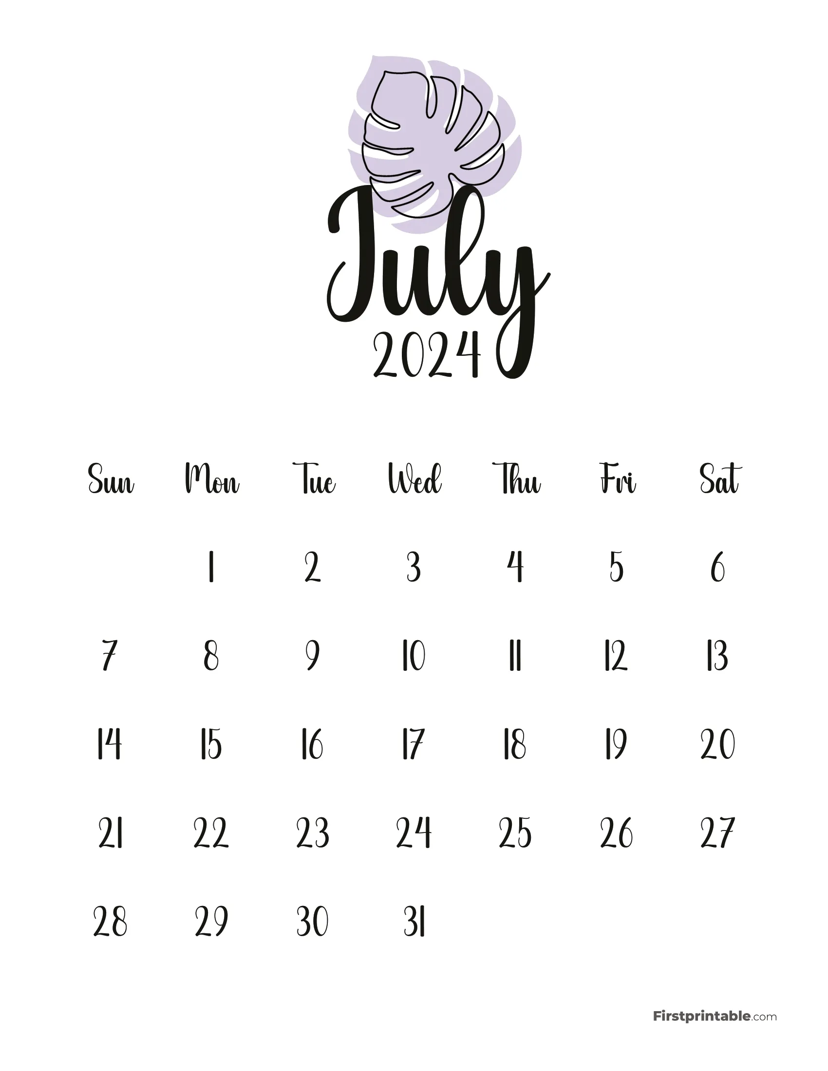 July Cute Monstera Monthly Calendar 2024