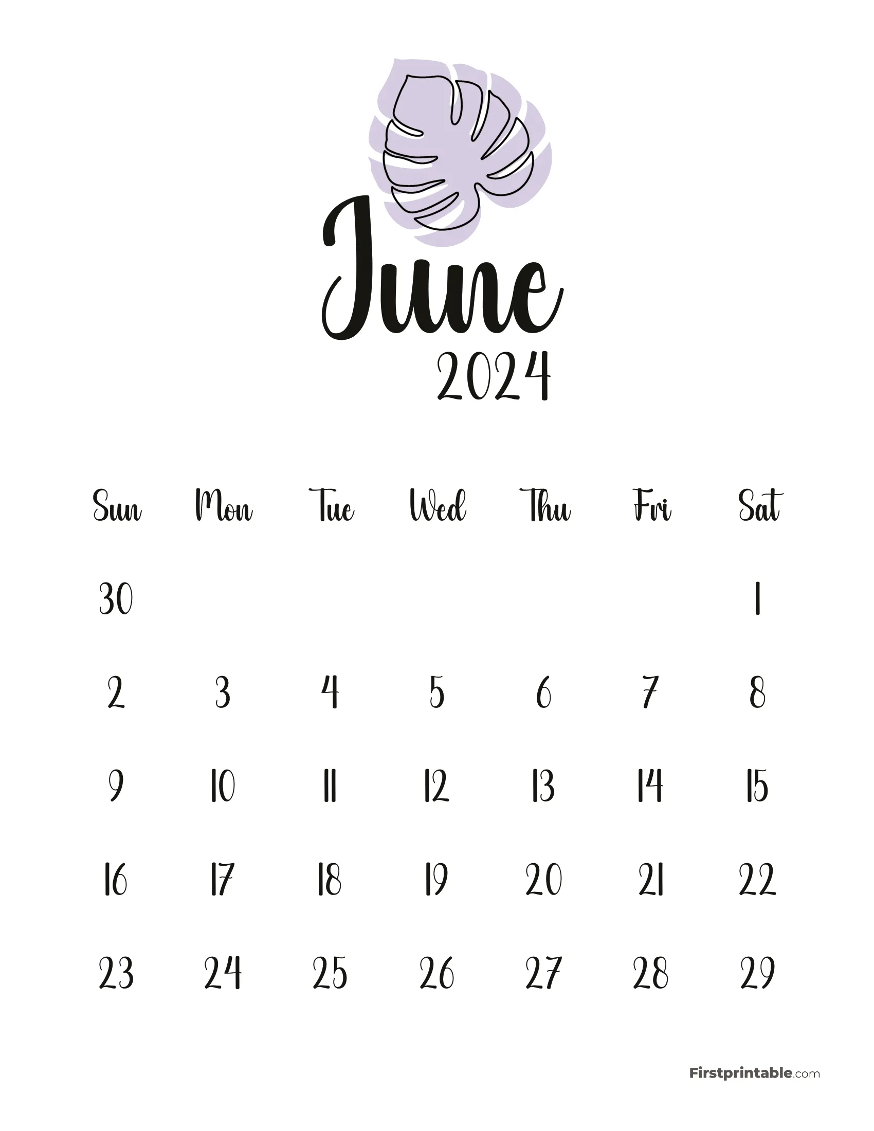 June Cute Monstera Monthly Calendar 2024