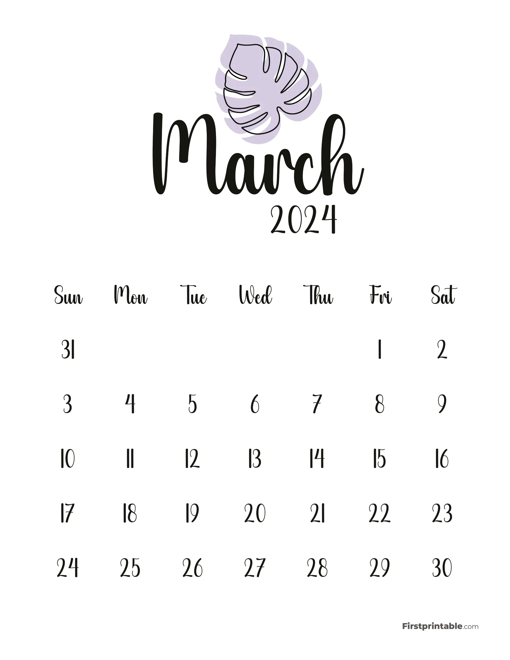 March Cute Monstera Monthly Calendar 2024