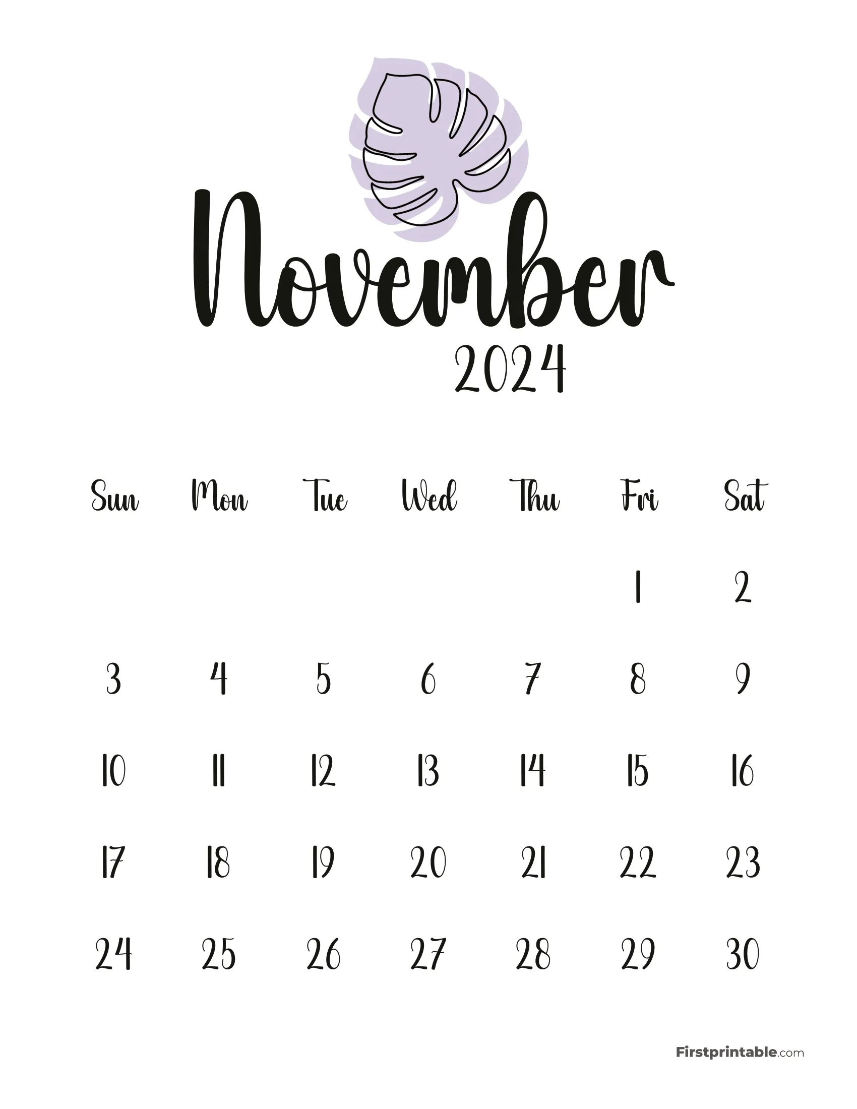November Cute Monstera Monthly Calendar 2024