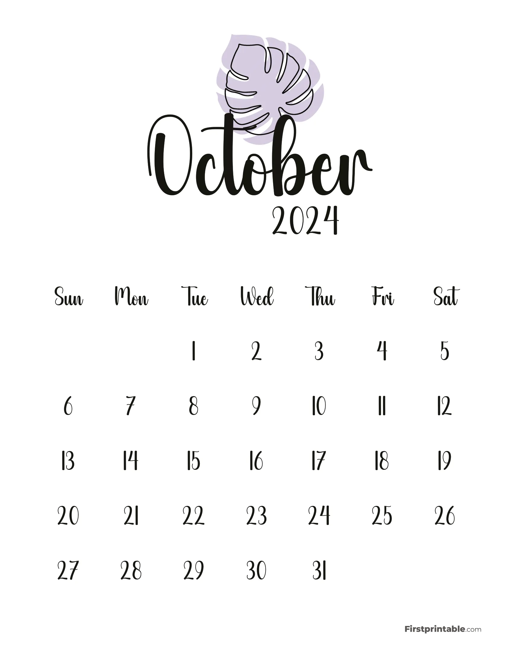 October Cute Monstera Monthly Calendar 2024