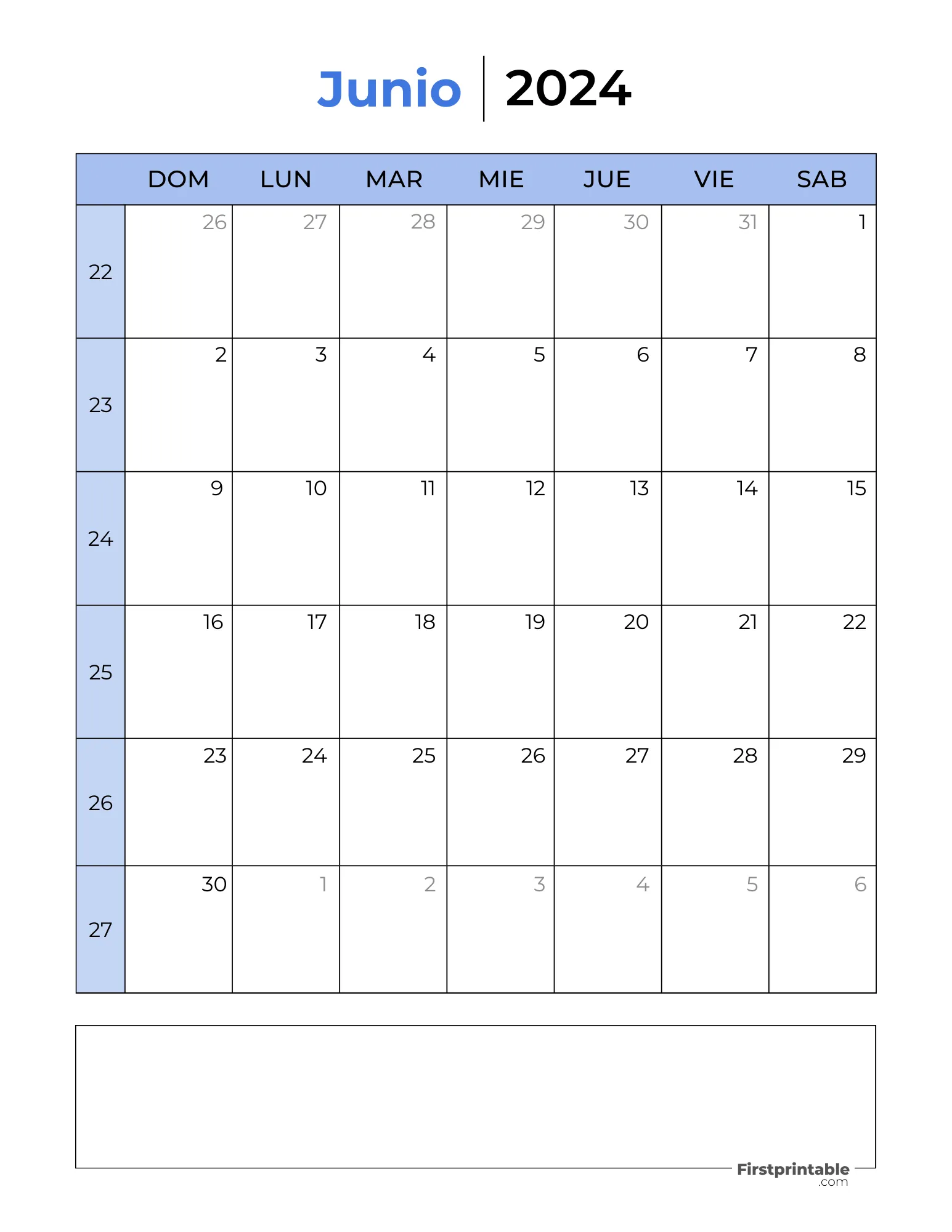 Spanish Printable June Calendar 2024 Template 26