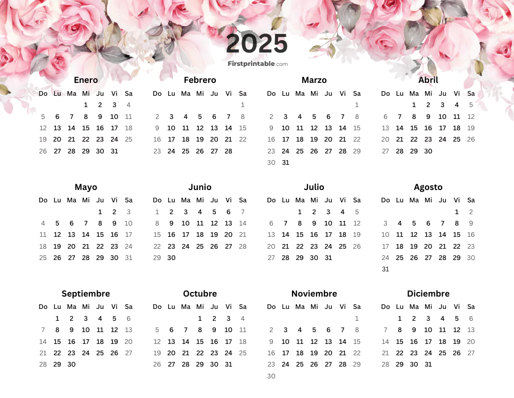 Floral Spanish Year Calendar 2025 Simple Landscape
