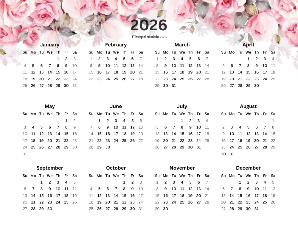 Floral Year Calendar 2026 Simple Landscape