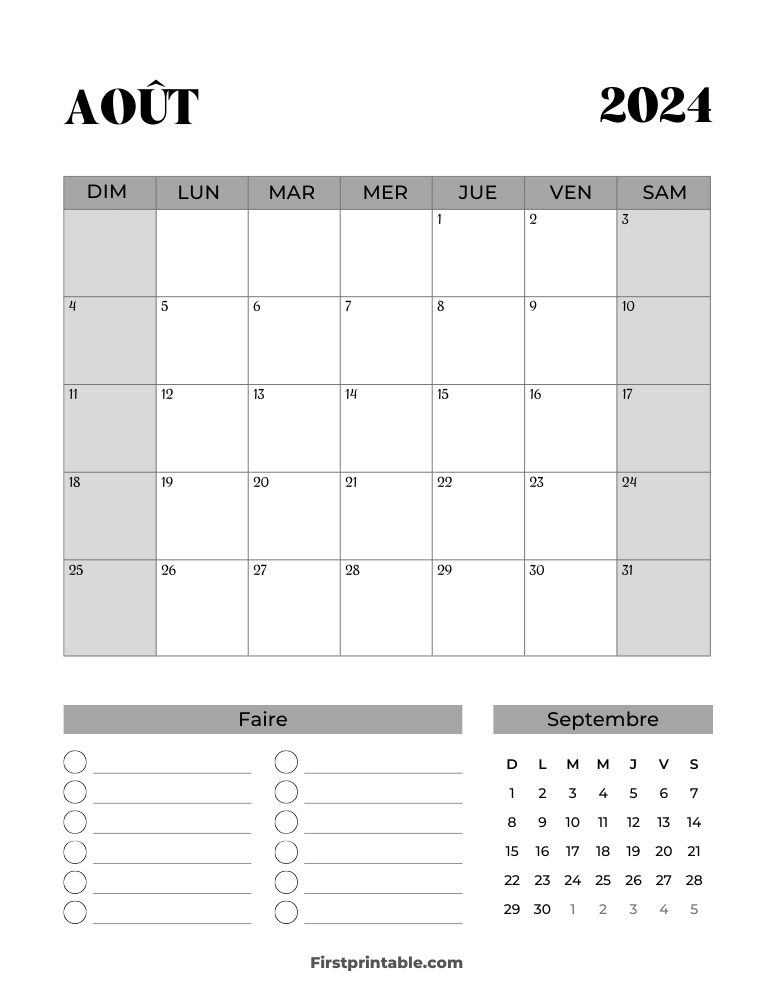 French Printable August Calendar 2024 Template 38