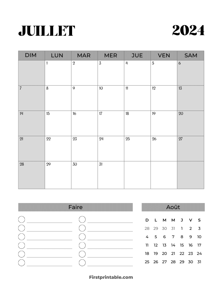 French Printable July Calendar 2024 Template 38