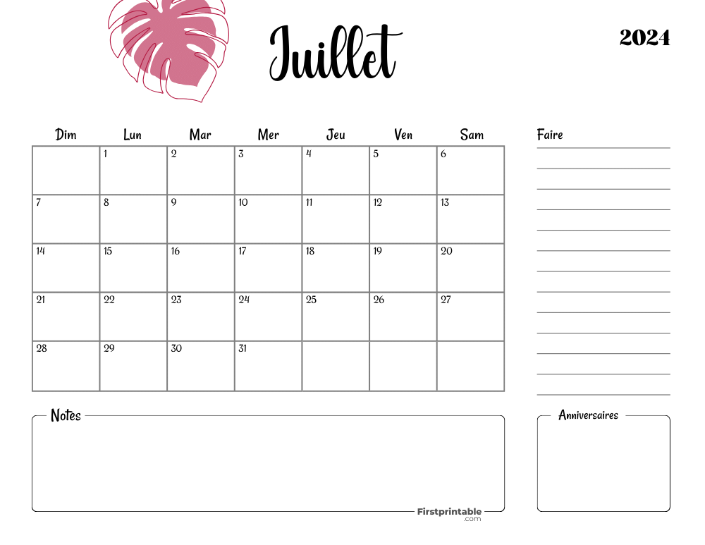 French Printable July Calendar 2024 Template 40