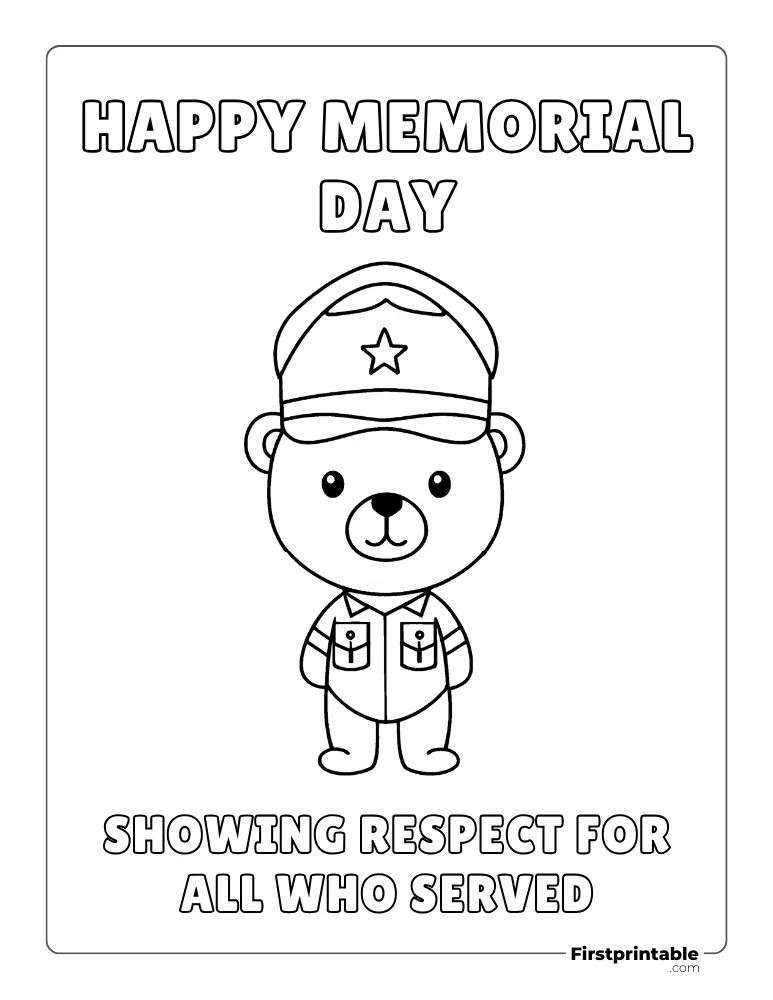 Memorial Day Coloring Page "Cute Teddy with Hat"