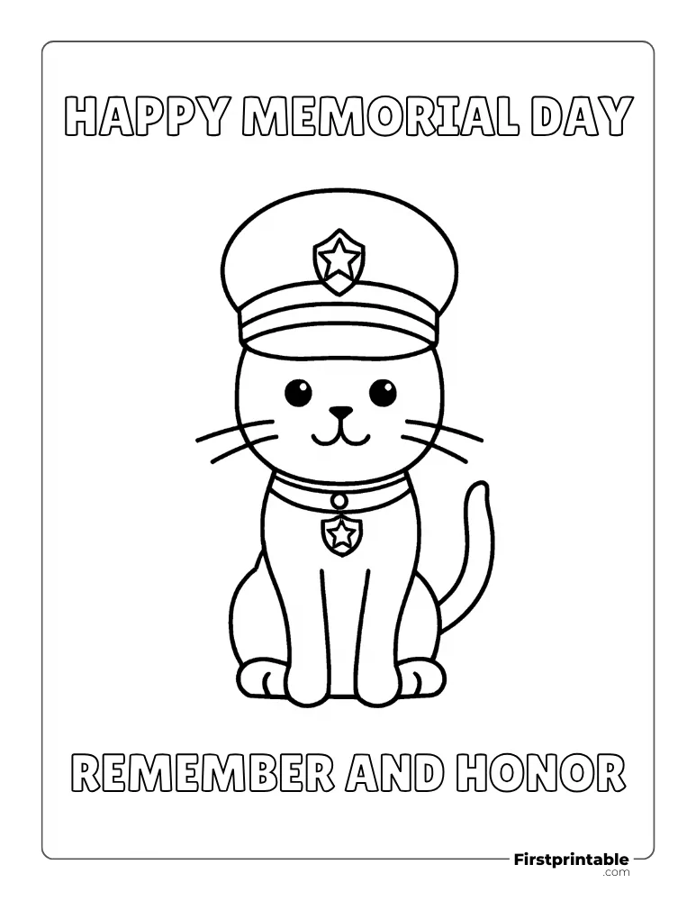 Memorial Day Coloring Sheet "Cute Cat with Hat"