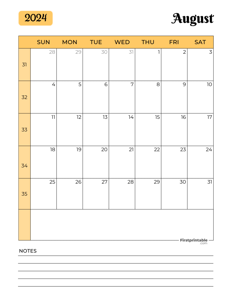 Printable August Calendar 2024 Template 16