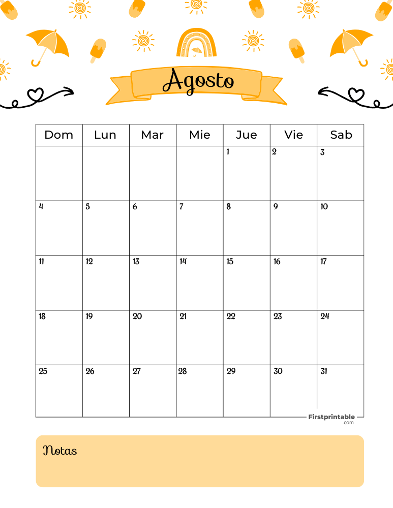 Spanish August Calendar 2024 Summer Template 43