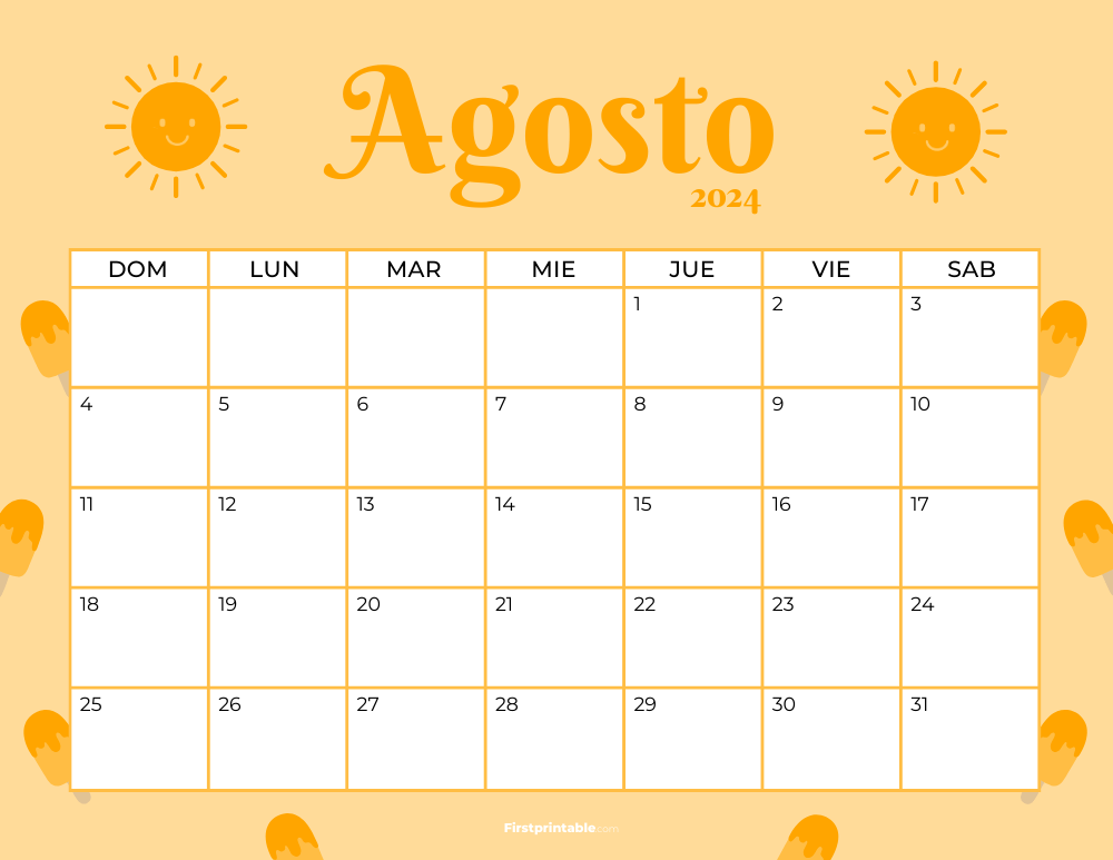 Spanish Printable August Calendar 2024 Summer Template 36