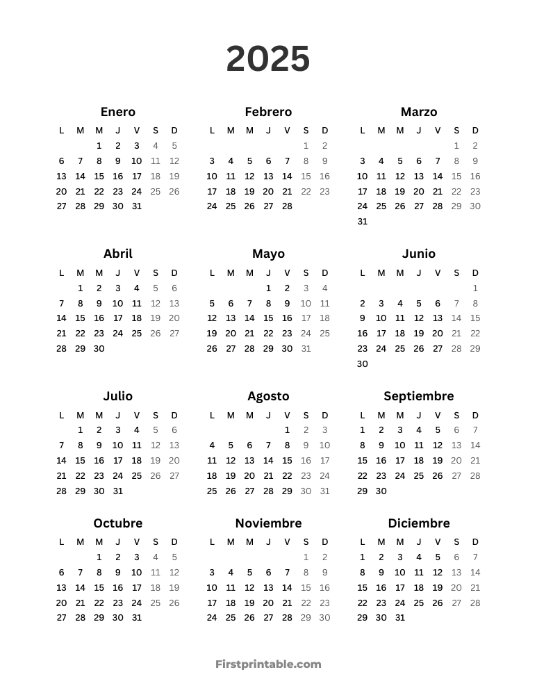 Spanish Year Calendar 2025 - Monday Start