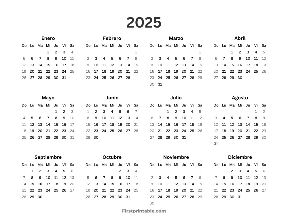 Spanish Year Calendar 2025 Simple Landscape