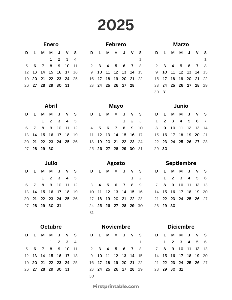 Spanish Year Calendar 2025 Simple portrait