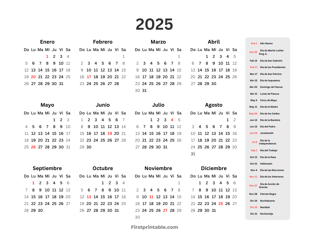 Spanish Year Calendar 2025 with US holidays Landscape