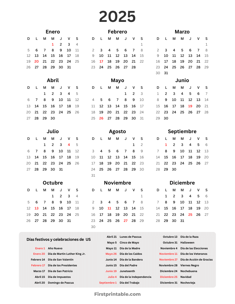 Spanish Year Calendar 2025 with US holidays portrait