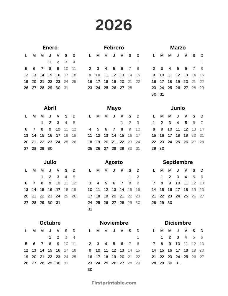 Spanish Year Calendar 2026 - Monday Start