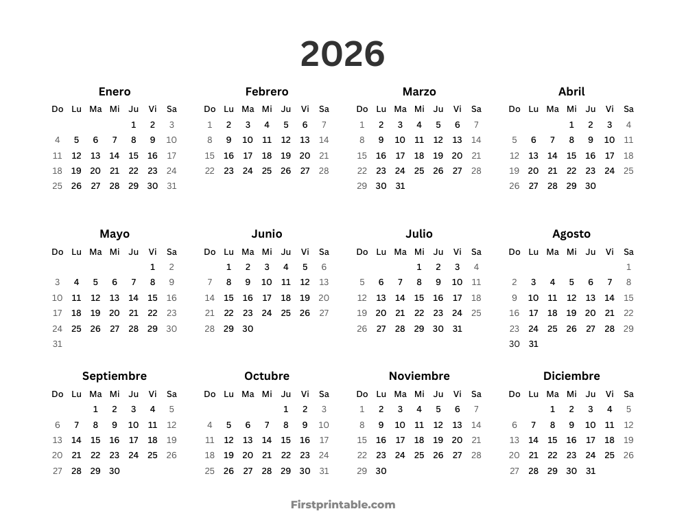 Spanish Year Calendar 2026 Simple Landscape