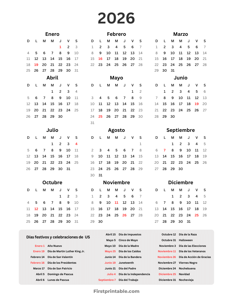 Spanish Year Calendar 2026 with US holidays portrait