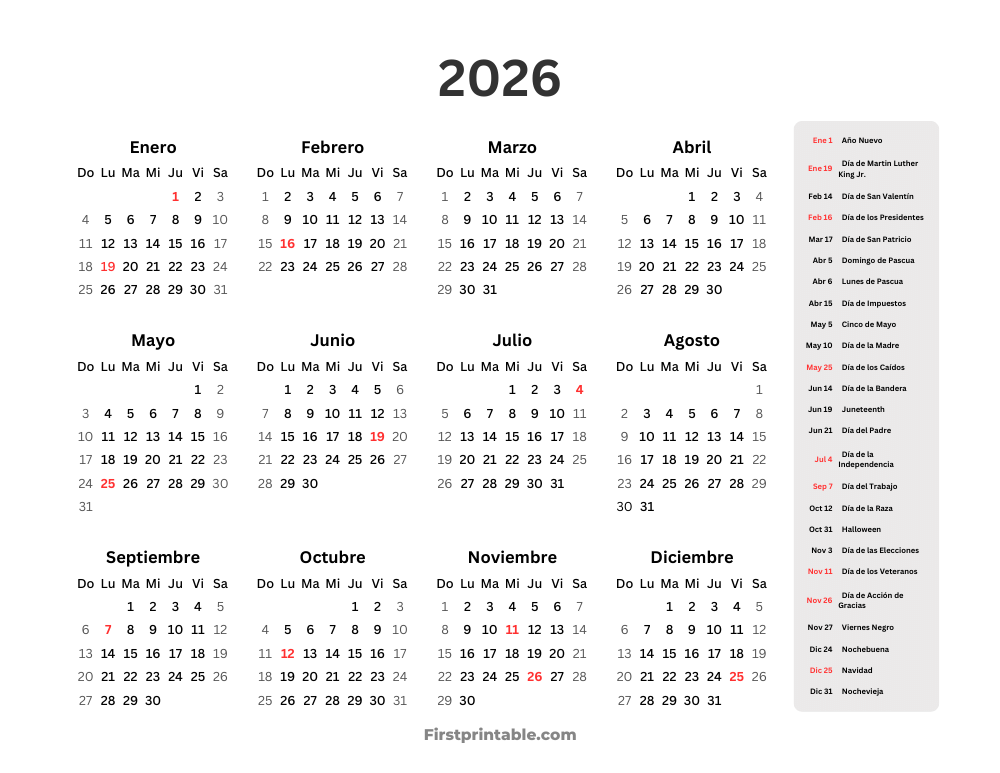 Spanish Year Calendar 2026 with holidays Landscape
