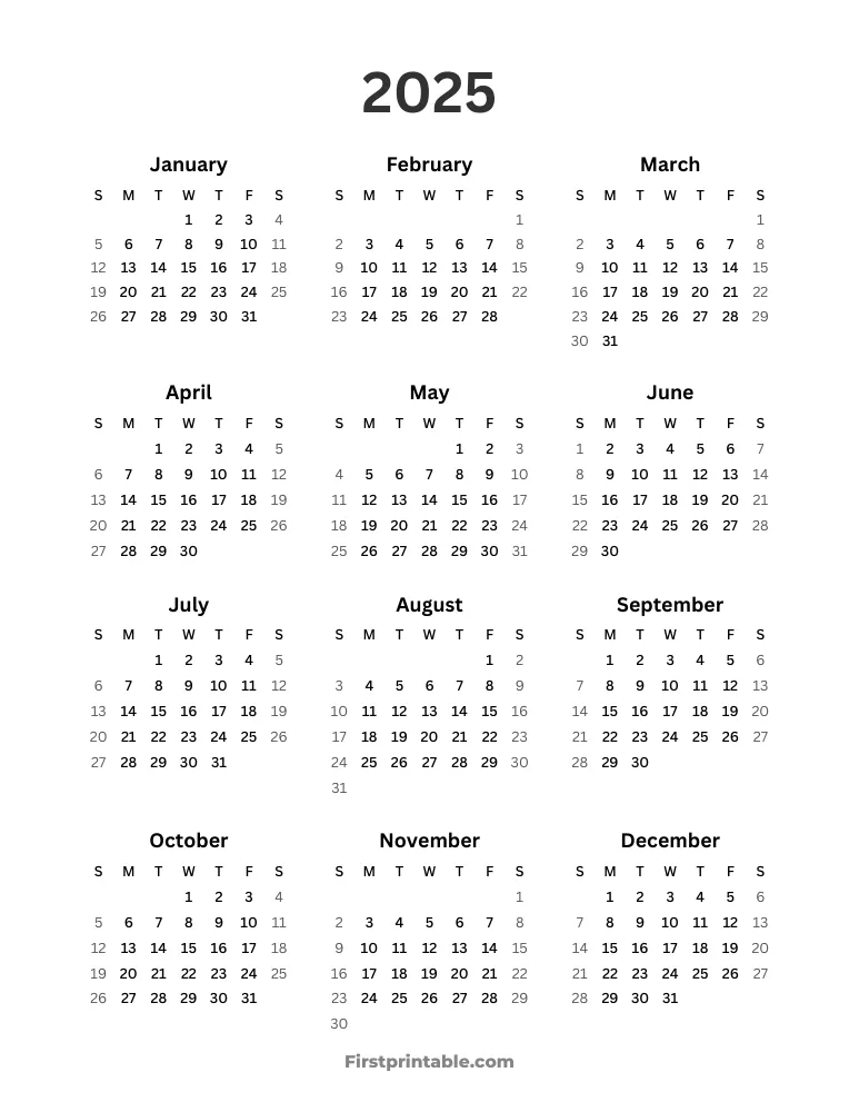 Year Calendar 2025 Simple portrait
