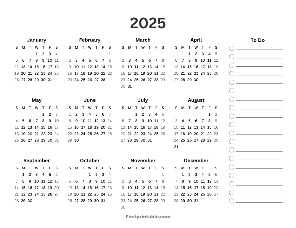 Year Calendar 2025 with To Do List Landscape