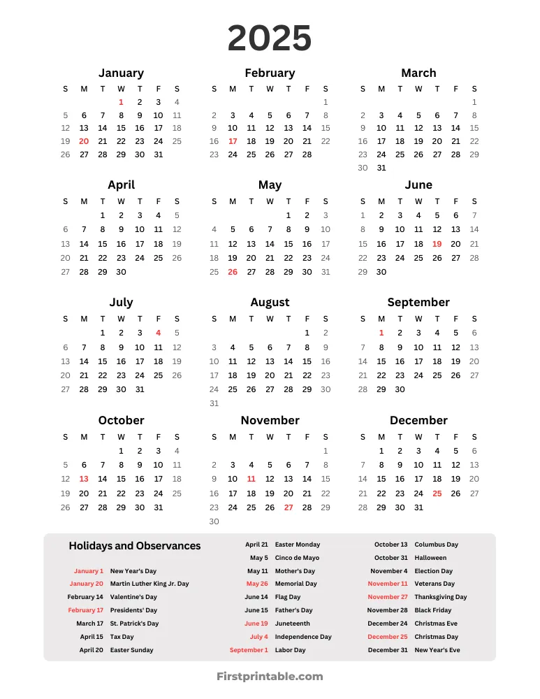 Year Calendar 2025 with holidays portrait