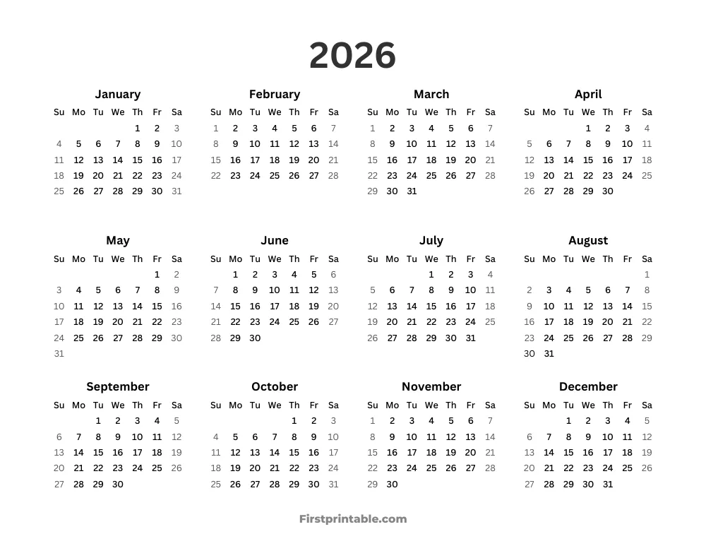Year Calendar 2026 Simple Landscape