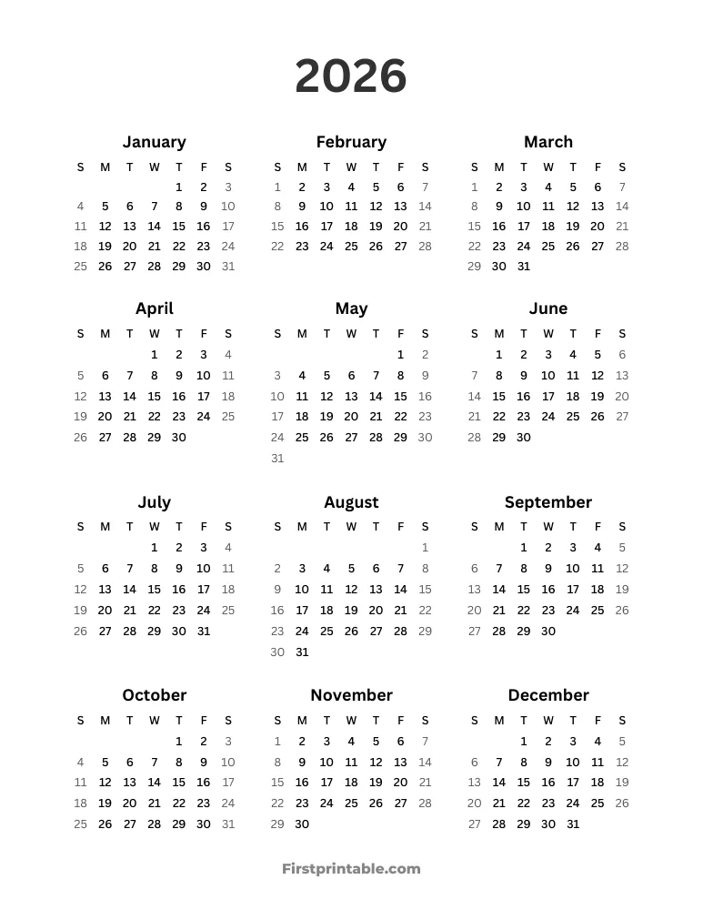 Year Calendar 2026 Simple portrait