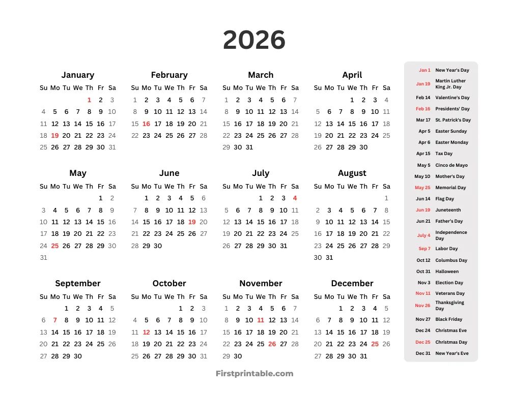 Year Calendar 2026 with holidays Landscape