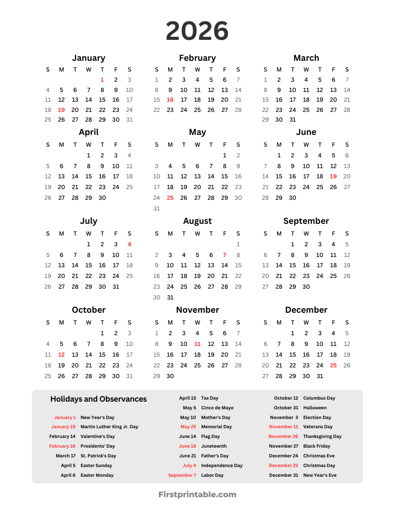 Year Calendar 2026 with holidays portrait
