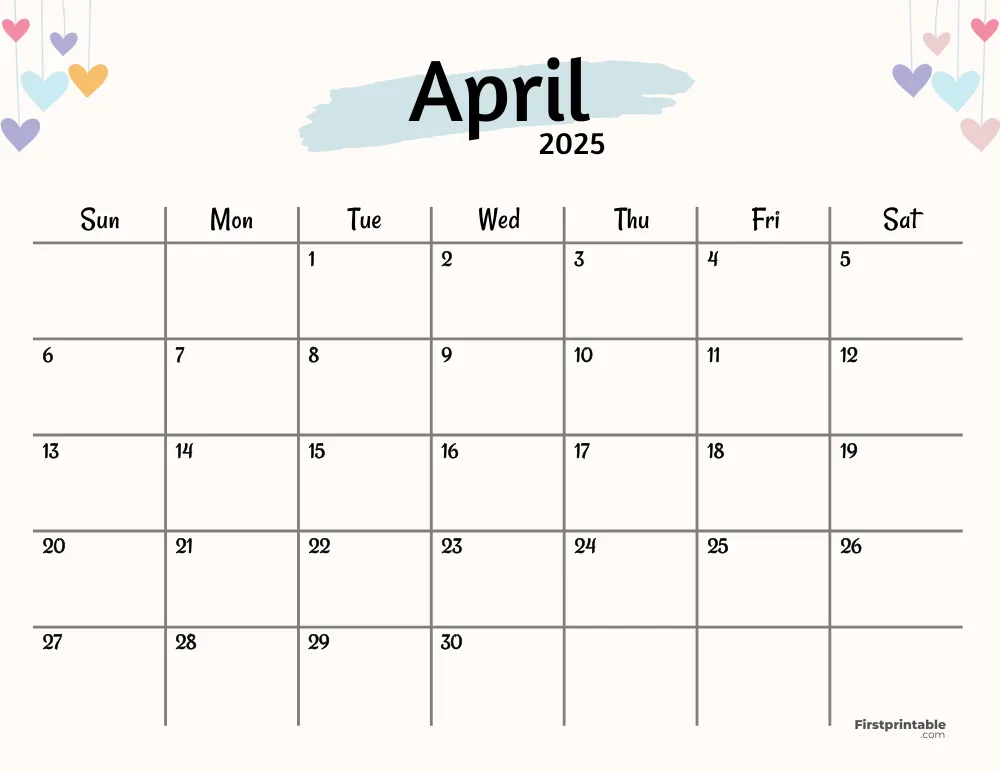 April 2025 Calendar Watercolor
