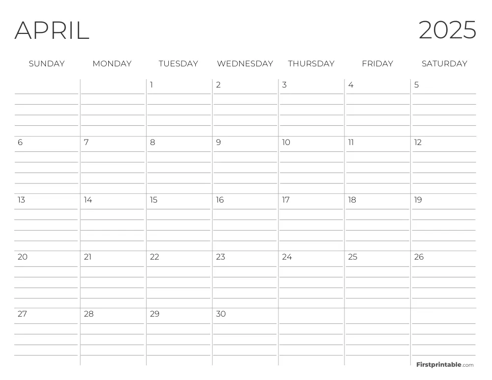 April 2025 Calendar with lines