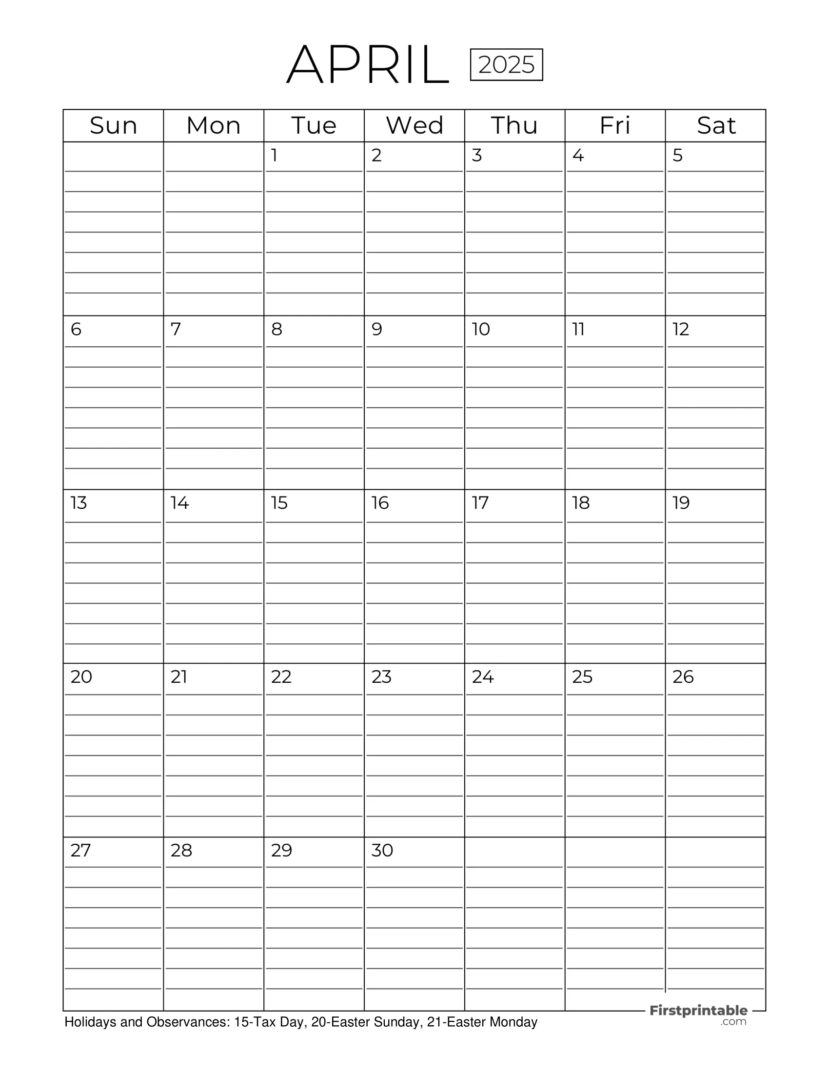 April Calendar 2025 with Lines